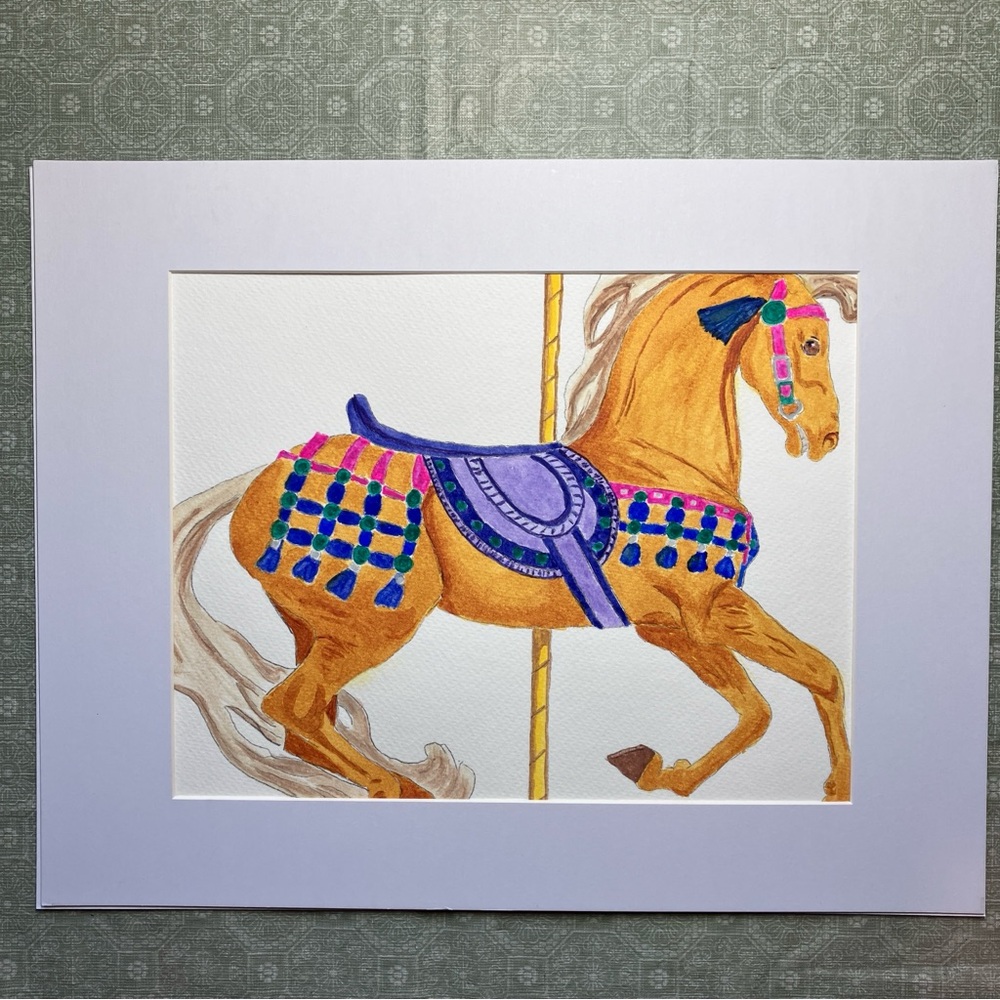 Whimsical Hand Painted Carousel Horse Watercolor Art Painting with White Matting